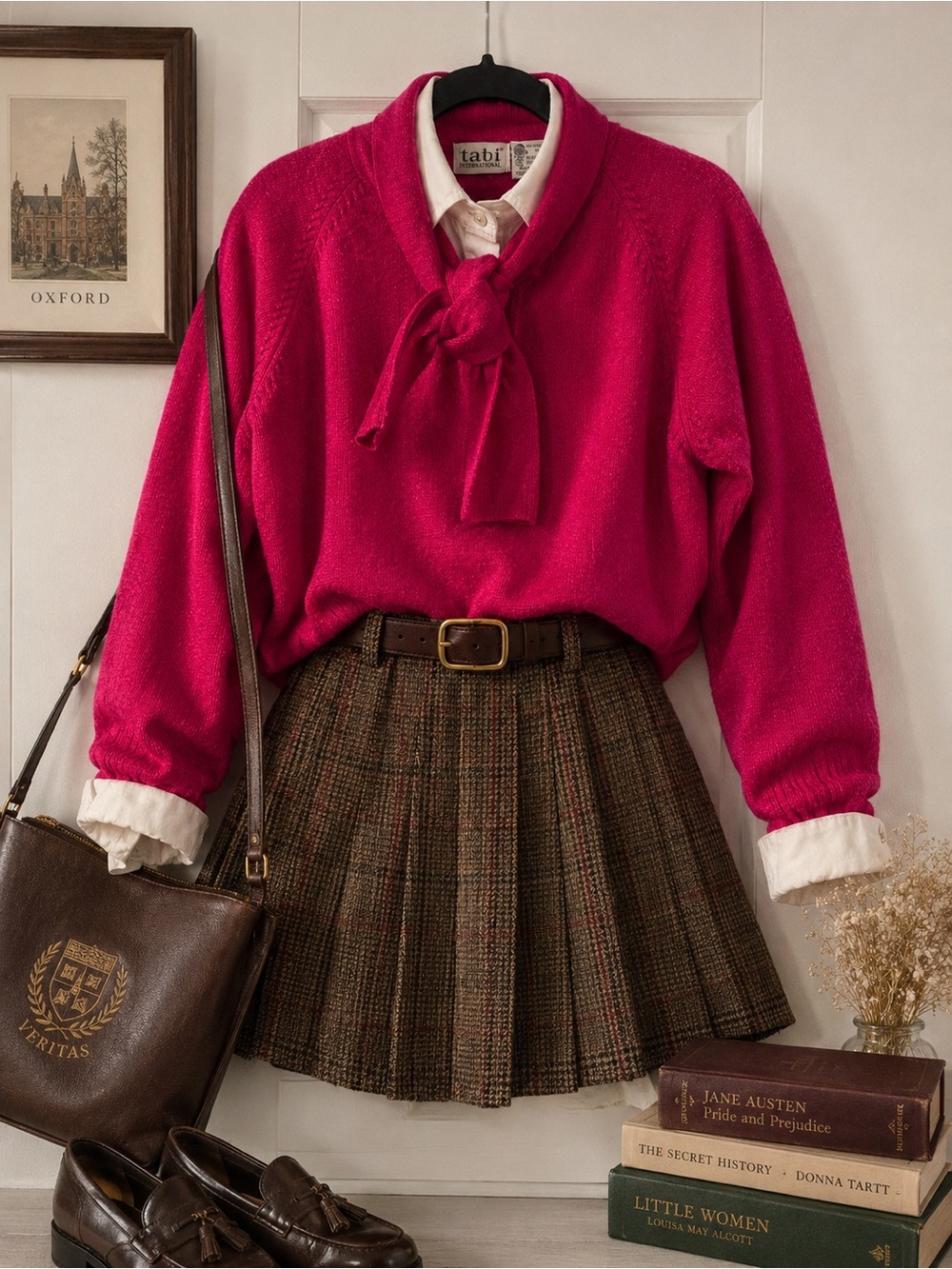 Vintage Tabi  International Cherry Red Tie-Neck Sweater Merino Wool